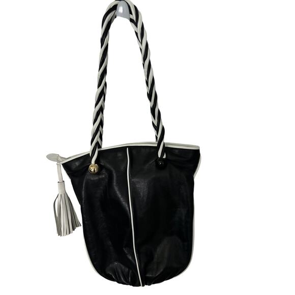 Brio! Italian black and white leather bag w/ braided handle & tassle - Picture 1 of 10